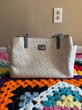 Calvin Klein Cream Logo Tote with Dark Trim